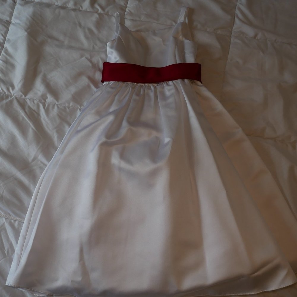Girl's White Flower Girl Dress & Red Bow